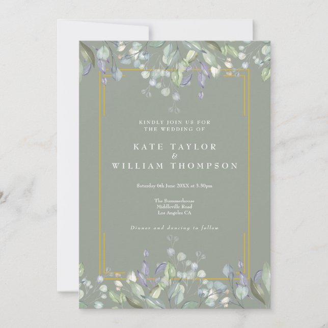 Lilac Floral Sage Green All In One Wedding Details Invitation (Front)