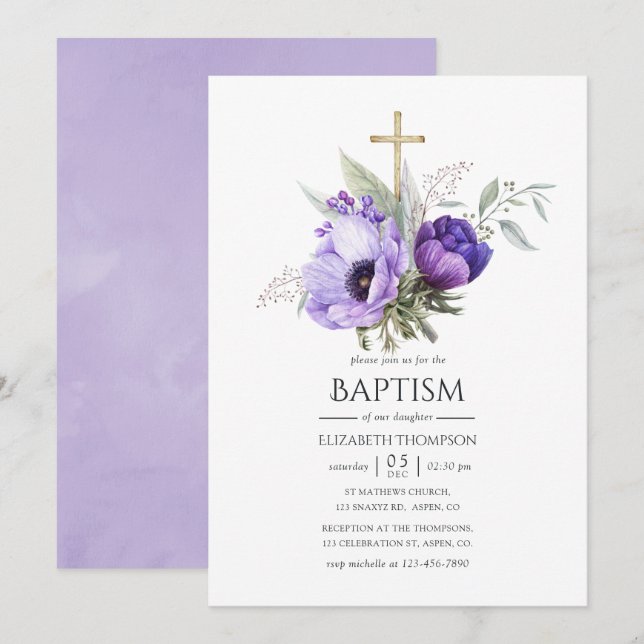 Lilac Floral themed Baptism or Christening Invitation (Front/Back)