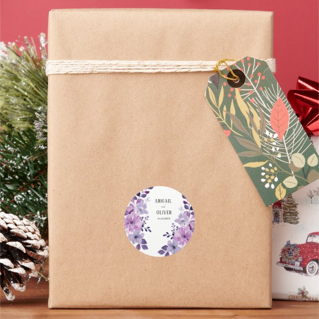 Lilac Floral Wedding Classic Round Sticker (Holiday)