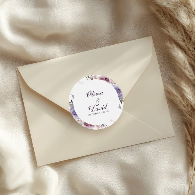 Lilac Floral Wedding Name Date Sticker (Boho Mauve and Lilac Floral Wedding Classic Round Sticker on an elegant envelope.)
