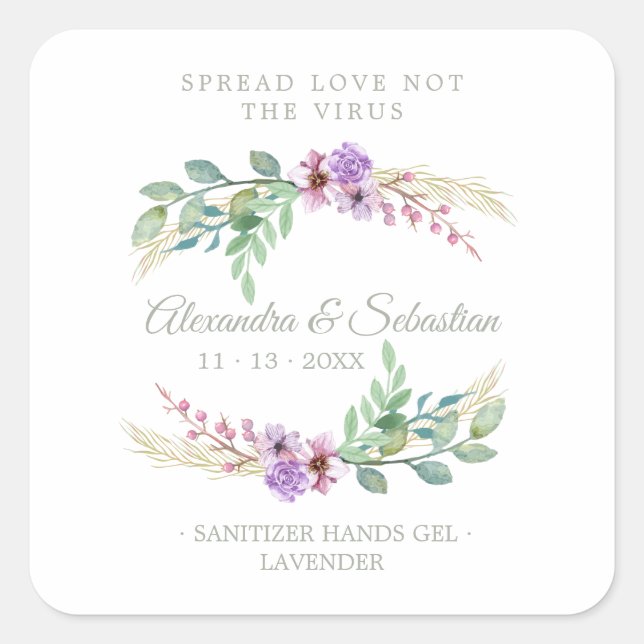 Lilac Floral Wreath Wedding Sanitizer Hand Gel Square Sticker (Front)