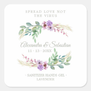 Lilac Floral Wreath Wedding Sanitizer Hand Gel Square Sticker