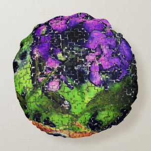 Lilac flower and leaves aged in carved mosaic round cushion
