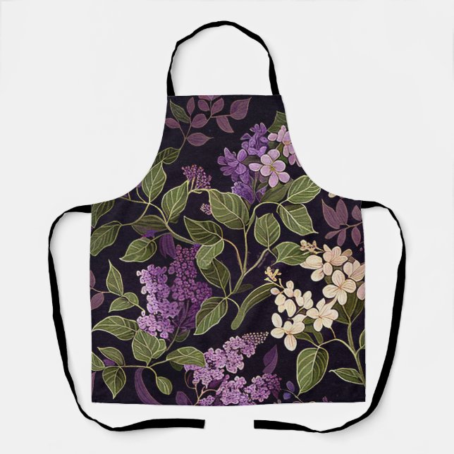 Lilac Flower Purple Black Floral Botanical Pattern Apron (Front)