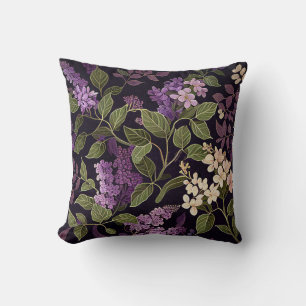 Lilac Flower Purple Black Floral Botanical Pattern Cushion