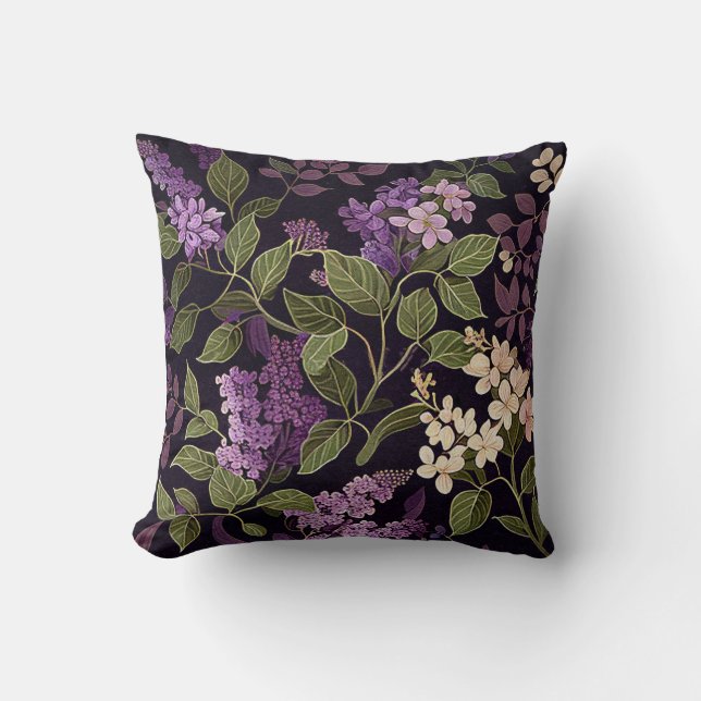 Lilac Flower Purple Black Floral Botanical Pattern Cushion (Front)