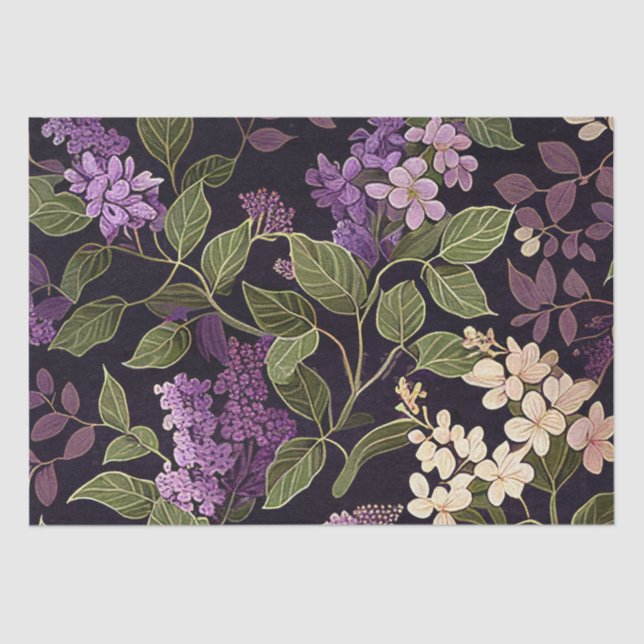 Lilac Flower Purple Black Floral Pattern Decoupage Tissue Paper (Front)
