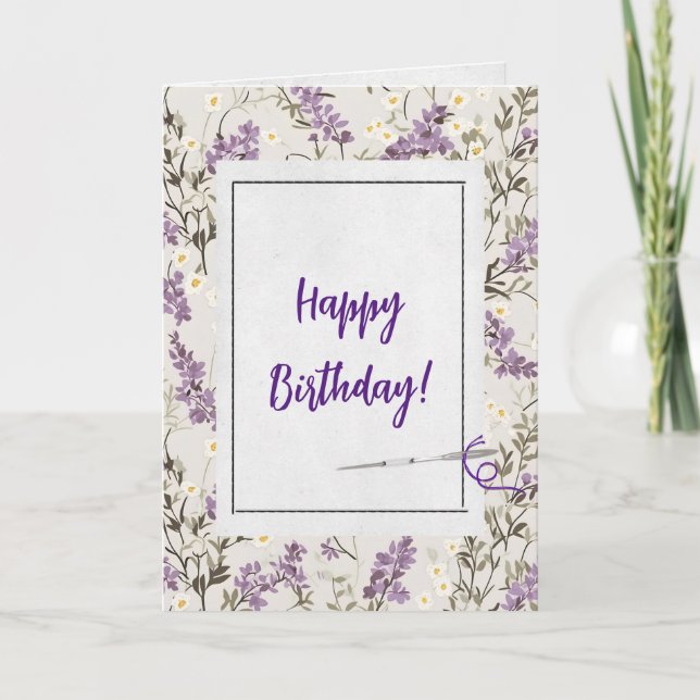 Lilac Flowers and Needle Birthday  Card (Front)