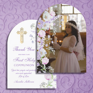 Lilac Flowers Arch First Communion Thank You Card