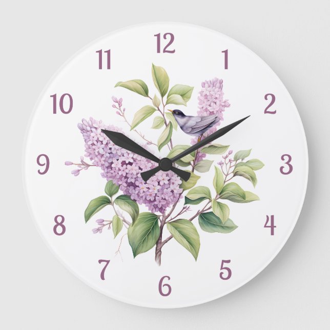 Lilac Flowers & Bird Botanical Illustration Wall Large Clock (Front)