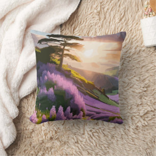Lilac Flowers Bloom on Hill at Sunset Glow Cushion