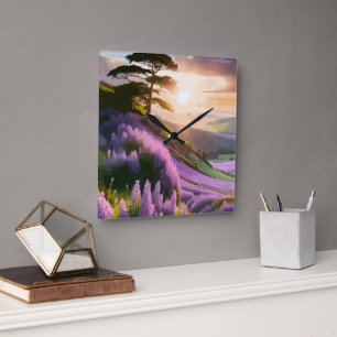 Lilac Flowers Bloom on Hill at Sunset Glow Square Wall Clock