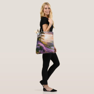 Lilac Flowers Bloom on Hill at Sunset Glow Tote Bag