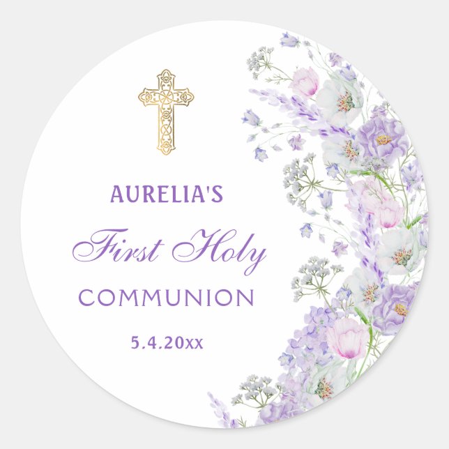 Lilac Flowers First Communion Round Sticker (Front)