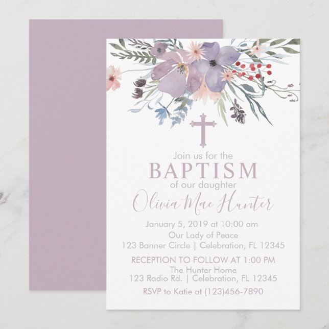 Lilac Flowers Girl Baptism Invitation (Front/Back)