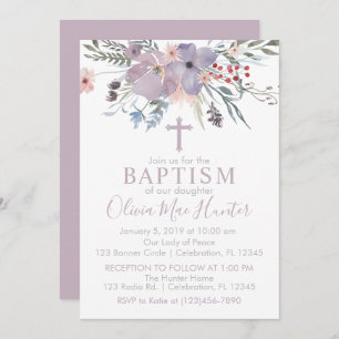 Lilac Flowers Girl Baptism Invitation