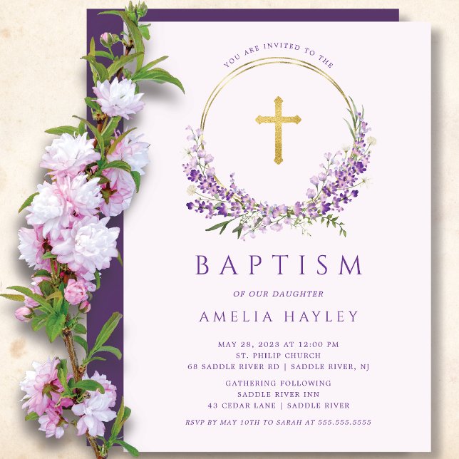 Lilac Flowers Girls First Baptism Invitation (Creator Uploaded)