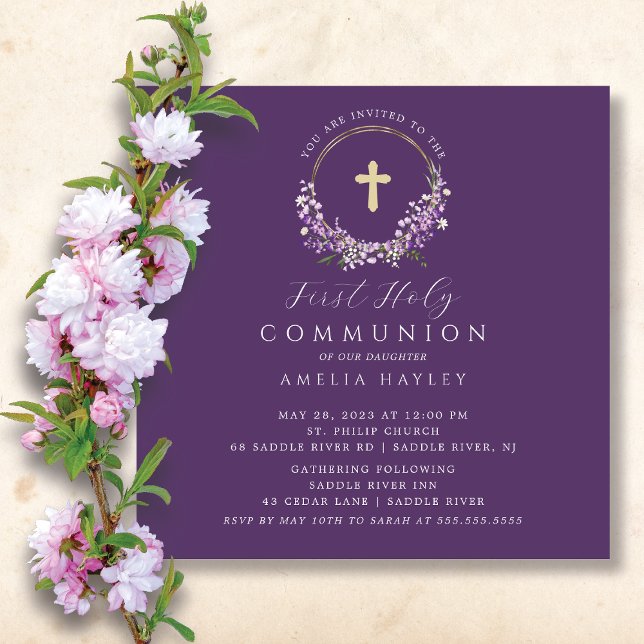 Lilac Flowers Girls First Communion Invitation (Creator Uploaded)