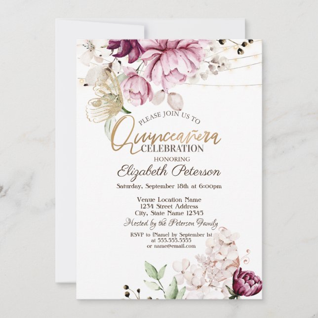 Lilac Flowers Glitter Butterflies Quinceañera Invitation (Front)