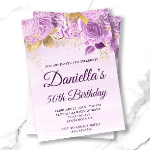 Lilac Flowers Gold Foil Watercolor 50th Birthday Invitation