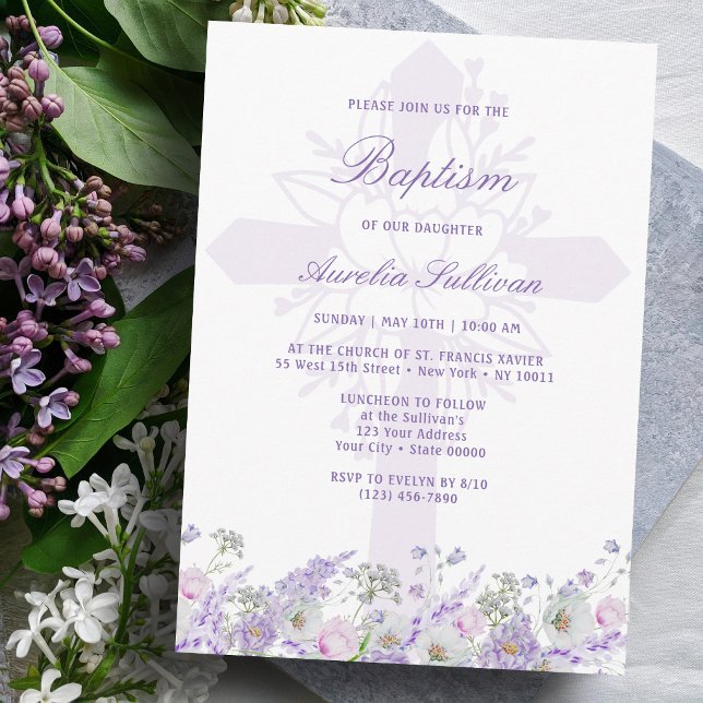 Lilac Flowers Holy Cross Baptism Invitation (Creator Uploaded)
