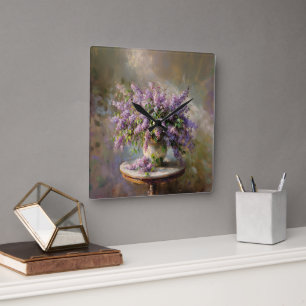 Lilac Flowers in Vase Square Wall Clock