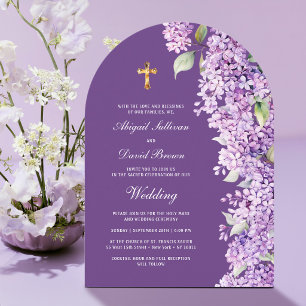 Lilac Flowers on Purple Arch Religious Wedding Invitation