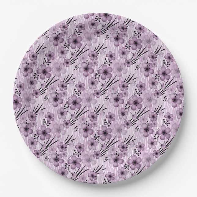 Lilac flowers pattern on tiger background paper plate (Front)