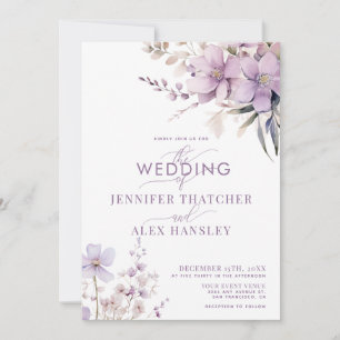Lilac Flowers Rustic Script Floral Wedding Invitation