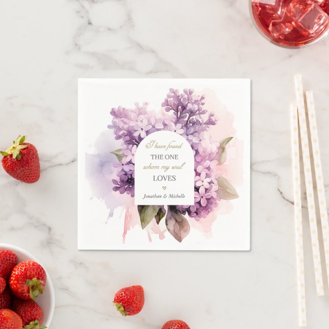 Lilac Flowers Watercolor Art Wedding Bible Verse Napkin (Insitu)