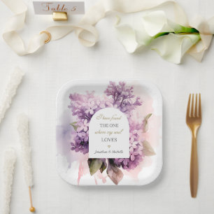 Lilac Flowers Watercolor Art Wedding Bible Verse Paper Plate