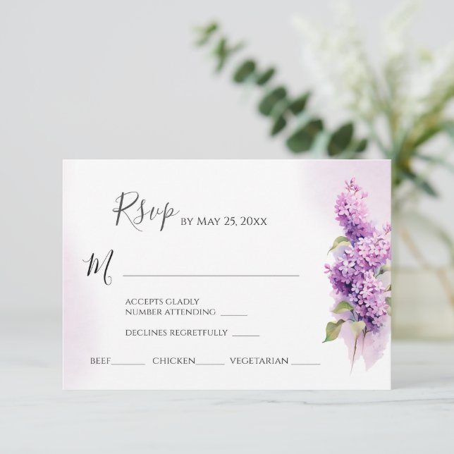 Lilac Flowers Watercolor Wedding Meal Choices RSVP Card (Standing Front)