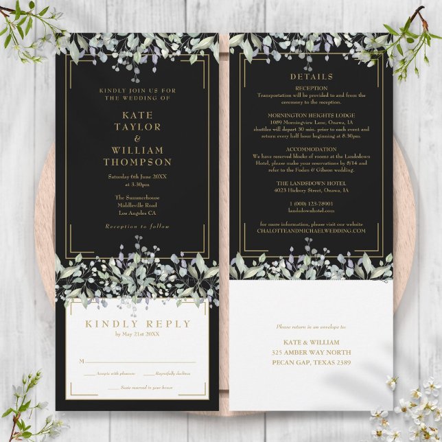 Lilac Foliage Black And Gold All In One Wedding Invitation (Lilac Foliage Black And Gold All In One Wedding Invitation)