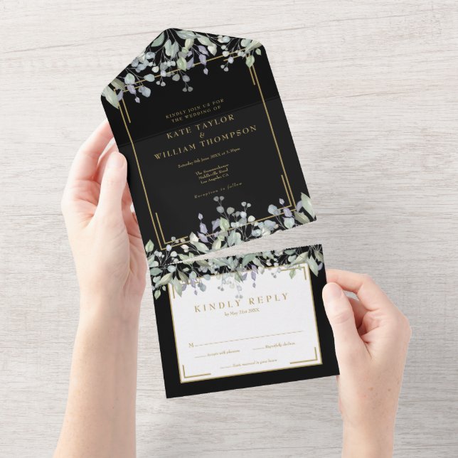 Lilac Foliage Black And Gold Monogram Wedding  All In One Invitation (Tearaway)