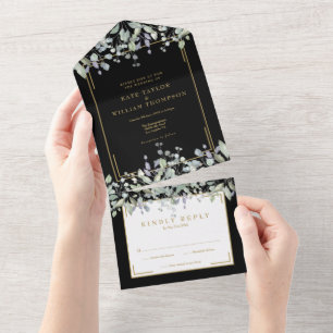 Lilac Foliage Black And Gold Monogram Wedding  All In One Invitation