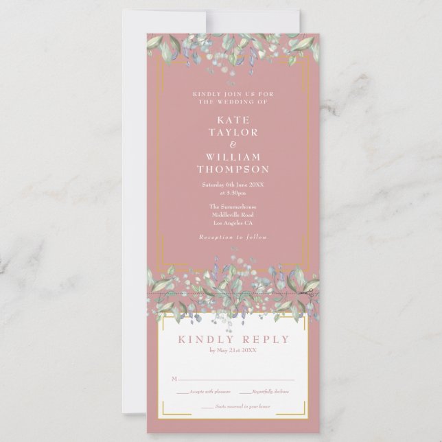 Lilac Foliage Floral Dusty Rose All In One Wedding Invitation (Front)