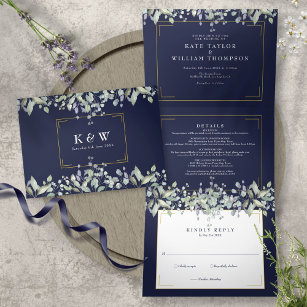 Lilac Foliage Navy Blue Monogram Photo Wedding Tri-Fold Invitation