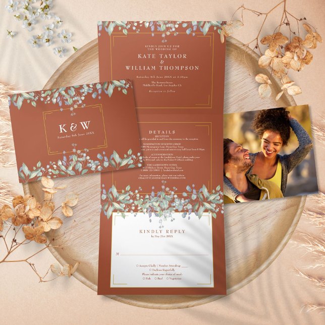 Lilac Foliage Terracotta Monogram Photo Wedding Tri-Fold Invitation (Lilac Foliage Terracotta Monogram Photo Wedding Tri-Fold Invitation)