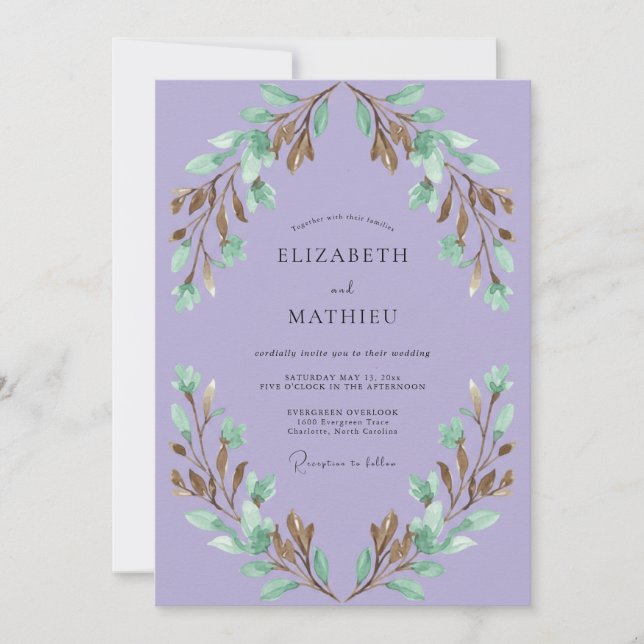 Lilac Foliage Wreath Wedding Invitation (Front)