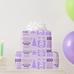 Lilac fun Santa Face Logo  Ho Ho Ho Message Text   Wrapping Paper