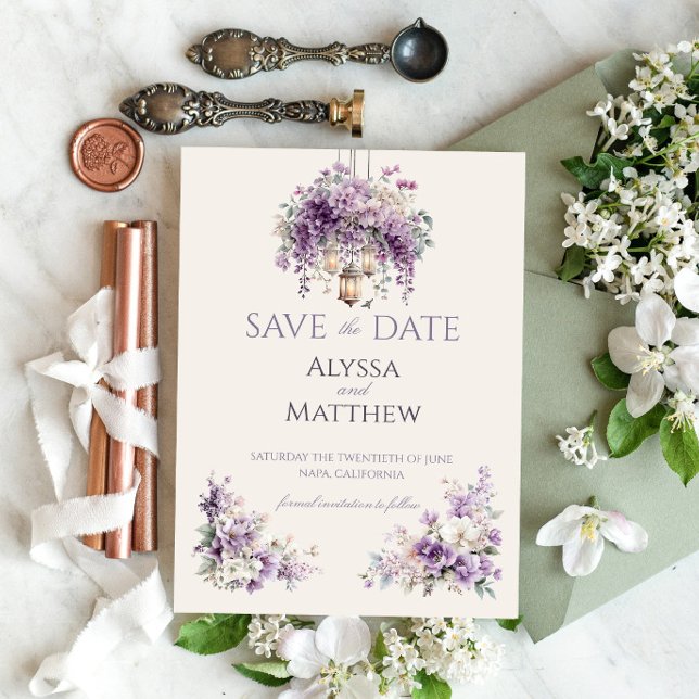 Lilac Garden Lantern Romance Save the Date Invitation (Creator Uploaded)