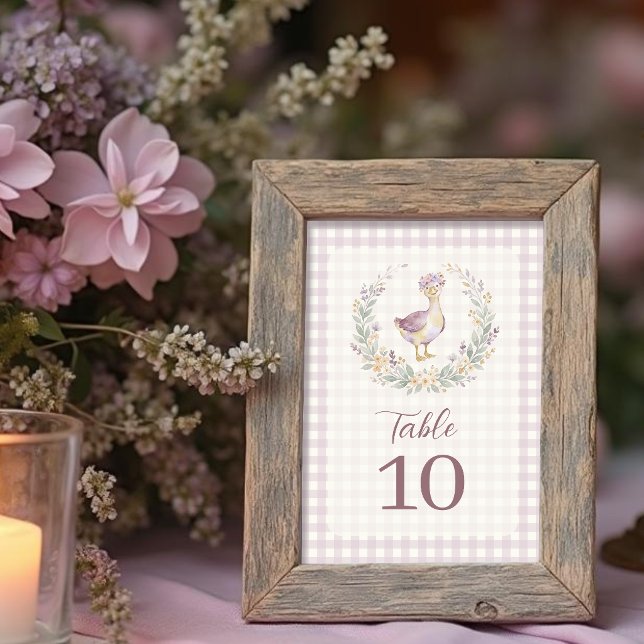 Lilac Gingham Baby Goose Table Number LPM26 (Cottagecore Lilac Gingham Table Number Card Featuring a Watercolor Effect Baby Goose with Flowers.)