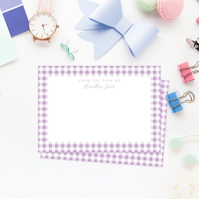 Lilac Gingham Check Personal Stationery Card (sweet and simple lilac purple gingham patterned child's stationery with personalized name text)