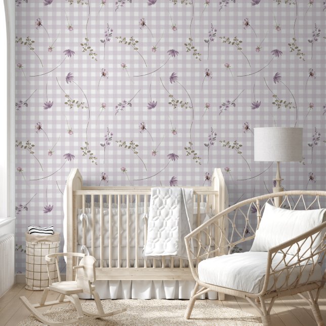 Lilac gingham floral wallpaper (Kids)