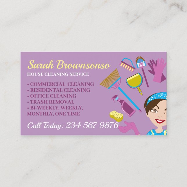 Lilac Girl Janitorial Gloved Apron Maid Business Card (Front)