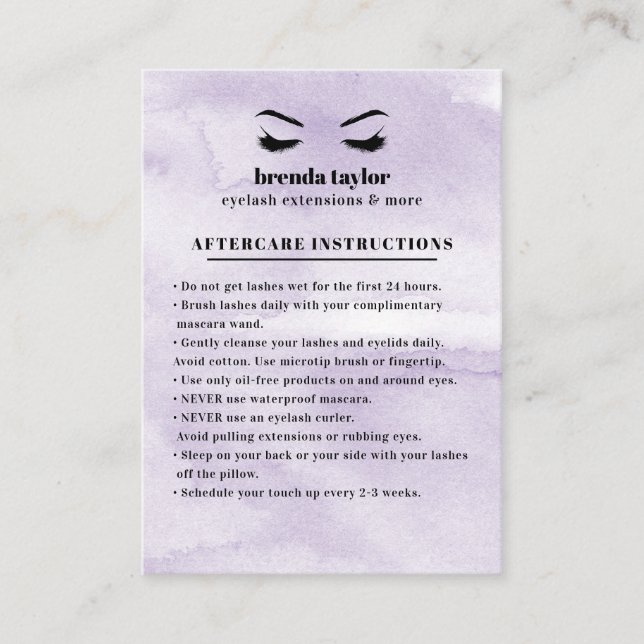 Lilac Glam Eyelash Browbar Aftercare Instructions Business Card (Front)