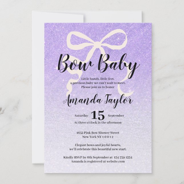 Lilac glitter gradient coquette bow Baby Shower Invitation (Front)