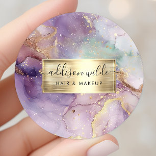 Lilac Glitter Watercolor Faux Gold Foil Business Classic Round Sticker