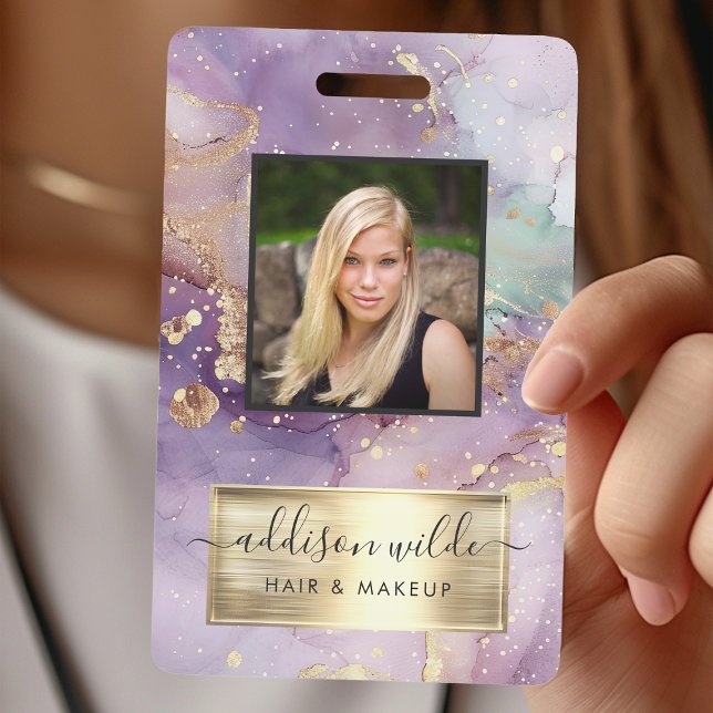 Lilac Glitter Watercolor Faux Gold Foil Salon ID Badge (Creator Uploaded)