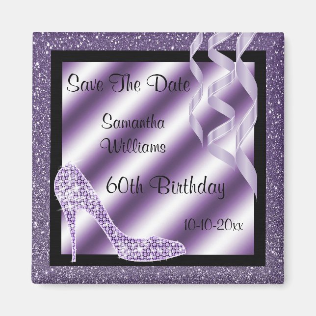 Lilac Glittery Stiletto & Streamers 60th Birthday Magnet (Front)